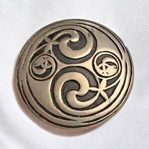 Vintage SJC Pewter Celtic Swirl Brooch – 2" Round Pin with Triskelion Design